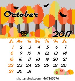 Calendar design grid with seasonal forest in flat style and dates of autumn month October 2017. Vector illustration