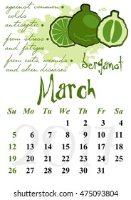 Calendar design grid with useful properties of fruits and dates of spring month March 2017. Bergamot. Vector illustration