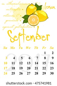 Calendar design grid with useful properties of fruits and dates of autumn month September 2017. Lemon. Vector illustration