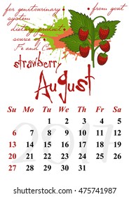 Calendar design grid with useful properties of fruits and dates of summer month August 2017. Wild strawberry. Vector illustration