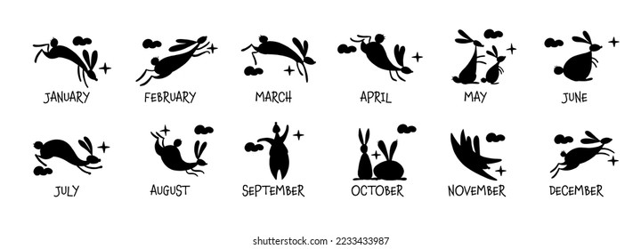Calendar design. Happy chinese new year 2023 of the rabbit zodiac sign. Funny Bunnies concept art. Christamas background. Vector illustration