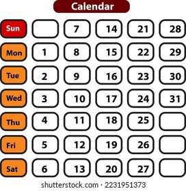 calendar design isolated on white background, number in square shapes 