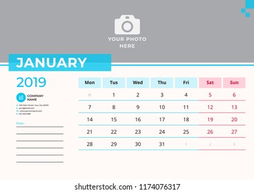 Calendar design for January 2019. Simple blue color. Week starts on Monday. Vector design print template with place for photo. 
