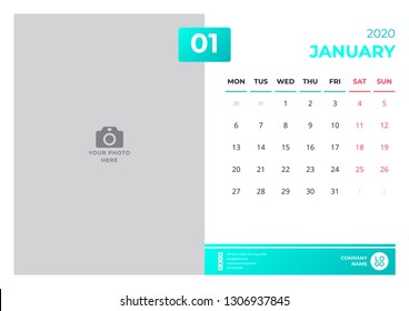 Calendar design for january 2020. simple turquoise color. week starts on monday. vector design print template with place for photo. 