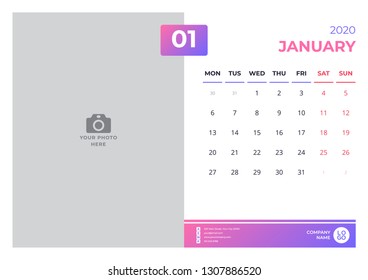 Calendar design for january 2020. simple purple color. week starts on monday. vector design print template with place for photo. 