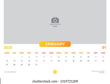 Calendar design for january 2020. simple yellow color. week starts on monday. horizontal version. vector design print template with place for photo. 