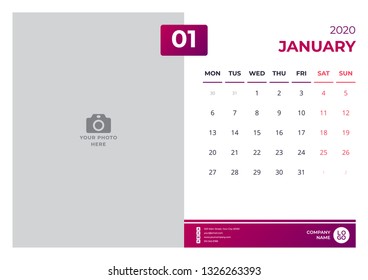 Calendar design for january 2020. simple red color. week starts on monday. vector design print template with place for photo. 