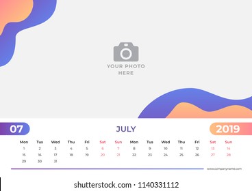 Calendar design for July 2019. Simple blue and orange background. Week starts on Monday. Vector design print template with place for photo. 