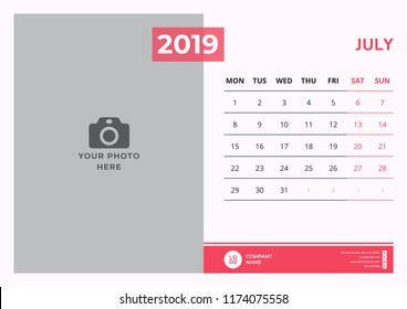 Calendar design for July 2019. Simple red color. Week starts on Monday. Vector design print template with place for photo. 