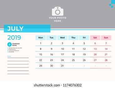 Calendar design for July 2019. Simple blue color. Week starts on Monday. Vector design print template with place for photo. 