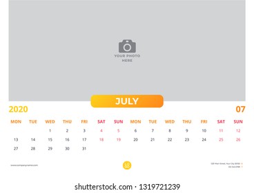 Calendar design for july 2020. simple yellow color. week starts on monday. horizontal version. vector design print template with place for photo.