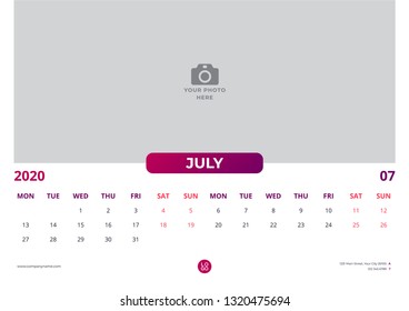 Calendar design for july 2020. simple red color. week starts on monday. horizontal version. vector design print template with place for photo.