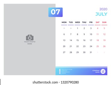 Calendar design for july 2020. simple blue color. week starts on monday. vector design print template with place for photo.