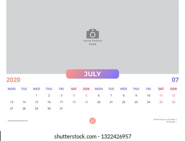 Calendar design for july 2020. simple orange purple color. week starts on monday. horizontal version. vector design print template with place for photo.