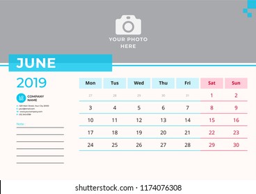 Calendar design for June 2019. Simple blue color. Week starts on Monday. Vector design print template with place for photo. 