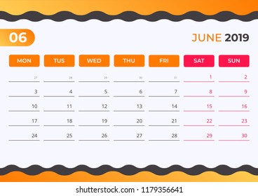 Calendar design for June 2019. Simple blue with orange background. Week starts on Monday. Vector design print template.
