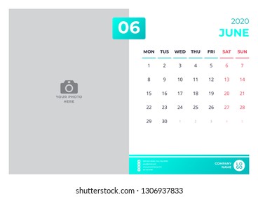 Calendar design for june 2020. simple turquoise color. week starts on monday. vector design print template with place for photo. 