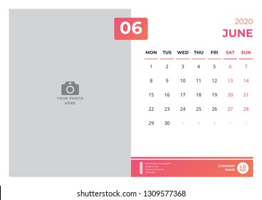 Calendar design for june 2020. simple orange color. week starts on monday. vector design print template with place for photo. 