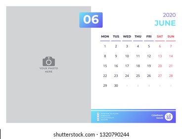 Calendar design for june 2020. simple blue color. week starts on monday. vector design print template with place for photo.