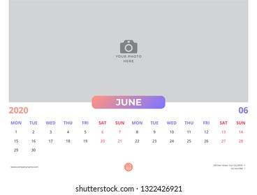 Calendar design for june 2020. simple orange purple color. week starts on monday. horizontal version. vector design print template with place for photo.