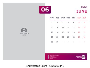 Calendar design for june 2020. simple red color. week starts on monday. vector design print template with place for photo. 