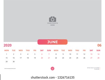 Calendar design for june 2020. simple orange color. week starts on monday. horizontal version. vector design print template with place for photo. 