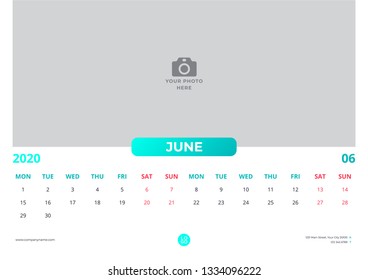 Calendar design for june 2020. simple turquoise color. week starts on monday. horizontal version. vector design print template with place for photo. 