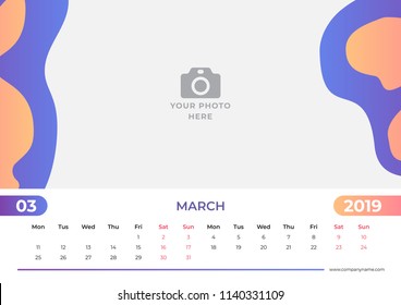 Calendar design for March 2019. Simple blue and orange background. Week starts on Monday. Vector design print template with place for photo. 