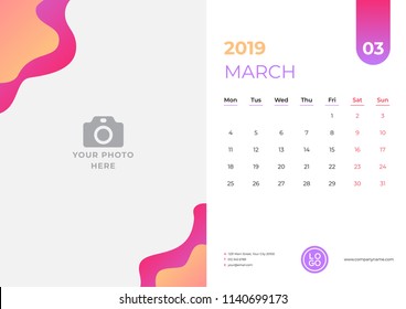 Calendar design for March 2019. Simple red and orange background. Week starts on Monday. Vector design print template with place for photo. 