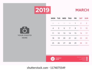 Calendar design for March 2019. Simple red color. Week starts on Monday. Vector design print template with place for photo. 