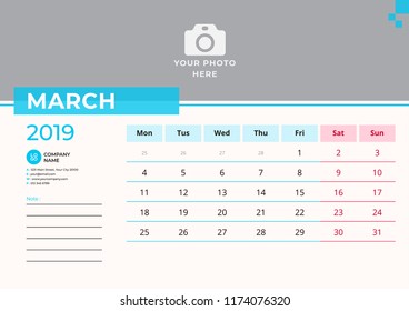 Calendar design for March 2019. Simple blue color. Week starts on Monday. Vector design print template with place for photo. 