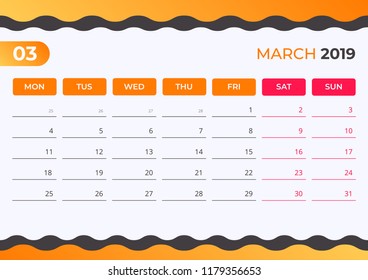 Calendar design for March 2019. Simple orange and black background. Week starts on Monday. Vector design print template.