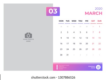 Calendar design for march 2020. simple purple color. week starts on monday. vector design print template with place for photo. 