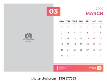 Calendar design for march 2020. simple orange color. week starts on monday. vector design print template with place for photo. 