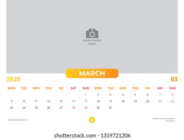 Calendar design for march 2020. simple yellow color. week starts on monday. horizontal version. vector design print template with place for photo.