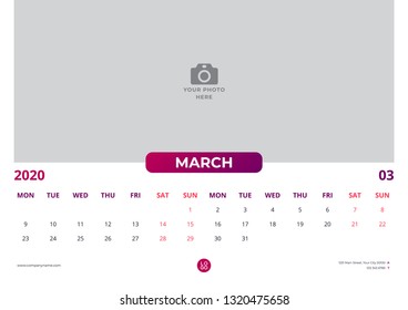 Calendar design for march 2020. simple red color. week starts on monday. horizontal version. vector design print template with place for photo. 
