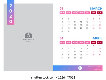 Calendar design for march and april 2020. simple blue pink color. week starts on monday. vector design print template with place for photo.