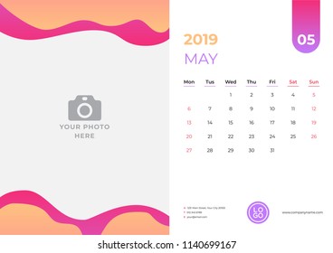 Calendar design for May 2019. Simple red and orange background. Week starts on Monday. Vector design print template with place for photo. 
