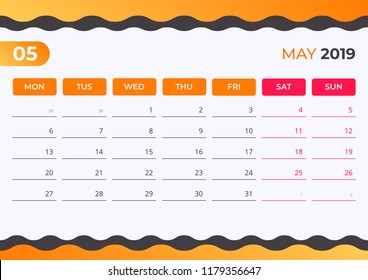 Calendar design for May 2019. Simple orange and black background. Week starts on Monday. Vector design print template.