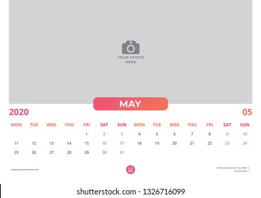Calendar design for may 2020. simple orange color. week starts on monday. horizontal version. vector design print template with place for photo. 