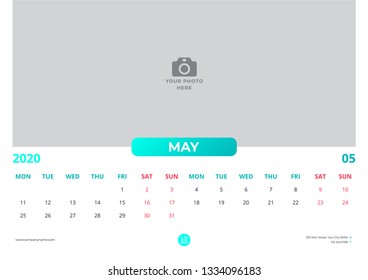 Calendar design for may 2020. simple turquoise color. week starts on monday. horizontal version. vector design print template with place for photo. 