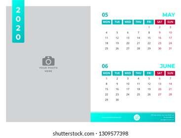 Calendar design for may and june 2020. simple turquoise color. week starts on monday. vector design print template with place for photo. 
