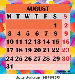 Calendar design month august 2020. Year 2020 calendar. Colorful design for calendar 2020. Calendar for organization and business. Week Starts Monday. Vector illustration.