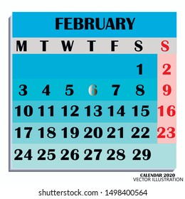 Calendar design month february 2020. Year 2020 calendar. Colorful design for calendar 2020. Calendar for organization and business. Week Starts Monday. Vector illustration.