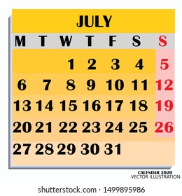 Calendar design month july 2020. Year 2020 calendar. Colorful design for calendar 2020. Calendar for organization and business. Week Starts Monday. Vector illustration.