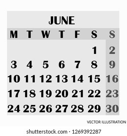 Calendar design month june 2019. Year 2019 calendar. Simple design for calendar 2019. Calendar for organization and business. Week Starts Monday. Vector illustration