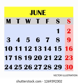 Calendar design month june 2019. Year 2019 calendar. Simple design for calendar 2019. Calendar for organization and business. Week Starts Monday. Vector illustration.
