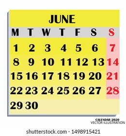 Calendar design month june 2020. Year 2020 calendar. Colorful design for calendar 2020. Calendar for organization and business. Week Starts Monday. Vector illustration.