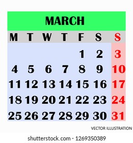 Calendar design month march 2019. Year 2019 calendar. Simple design for calendar 2019. Calendar for organization and business. Week Starts Monday.