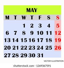 Calendar design month may 2019. Year 2019 calendar. Simple design for calendar 2019. Calendar for organization and business. Week Starts Monday. Vector illustration.